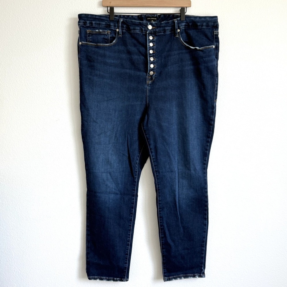 Good American Good Waist Skinny Jeans 26 Plus Dark Wash Raw Hem Button Fly